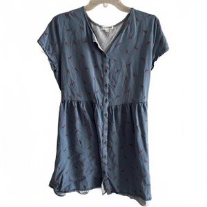 Junkfood Blue ButtonUp Dress Bird Print Vintage Short Sleeves Casual Extra Large